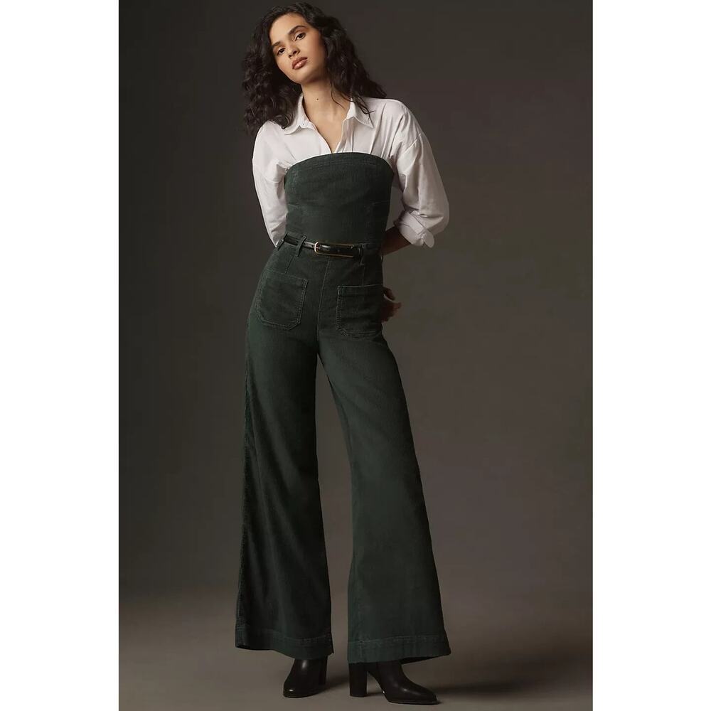 Anthropologie Dark Green Strapless Wide-Leg Jumpsuit